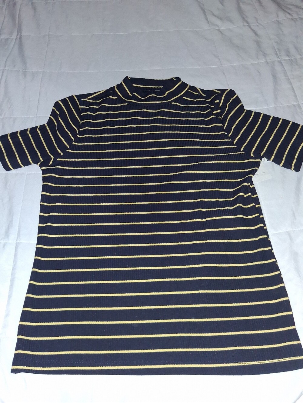 Free Assembly Womens Mock Neck Preppy Tee - Vixi Stripe - Navy/Yellow - M (8-10)